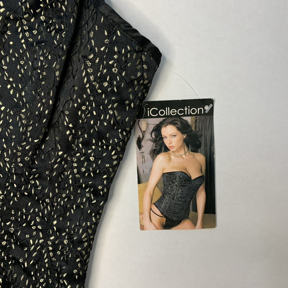 iCollection Boudior Lace Corset Thong Set Sz 36 Black Gold Brocade Pin Up Glam - Picture 12 of 16